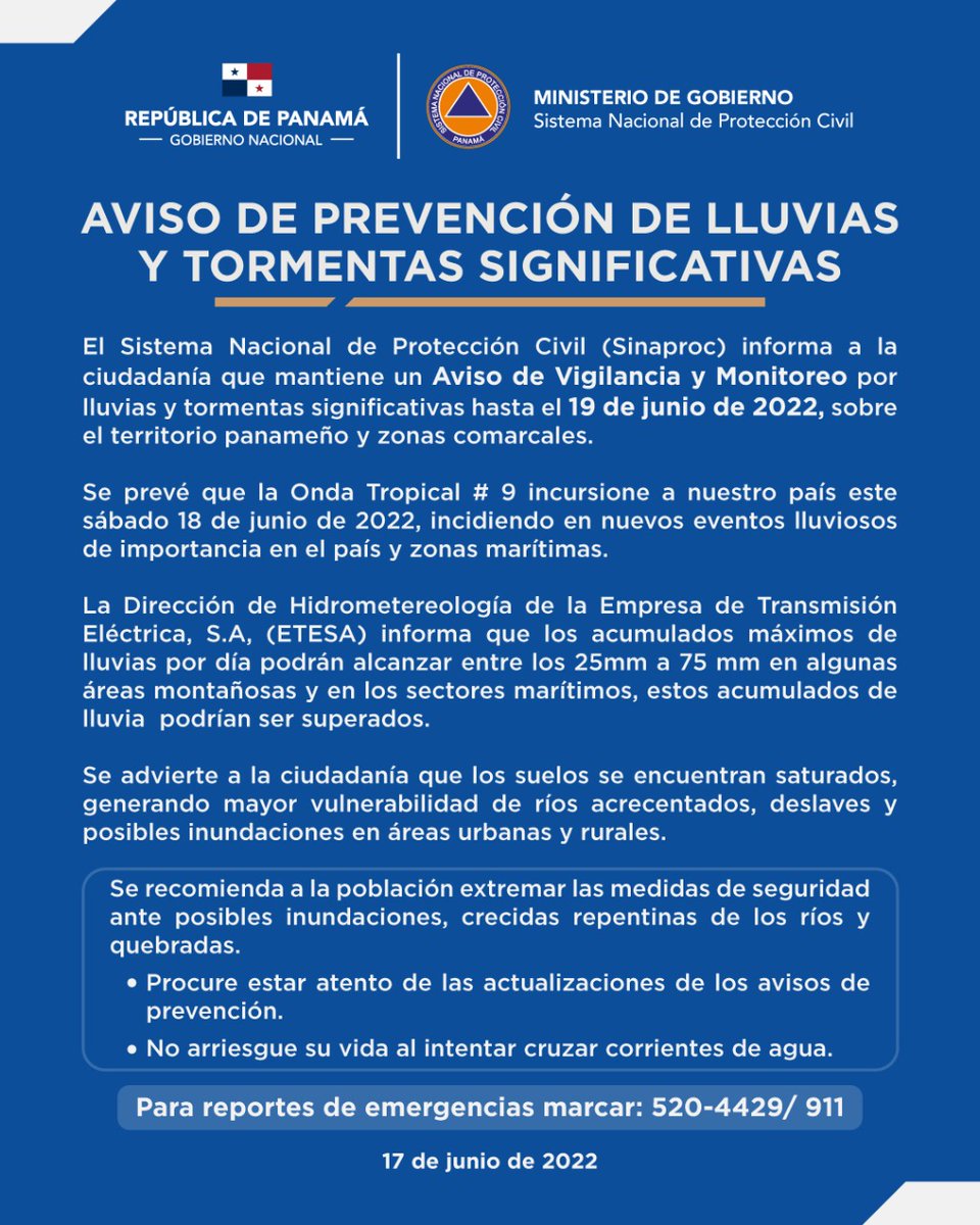 #AvisoDePrevención | Por lluvias significativas hasta el 19 de junio de 2022 sobre el territorio nacional.