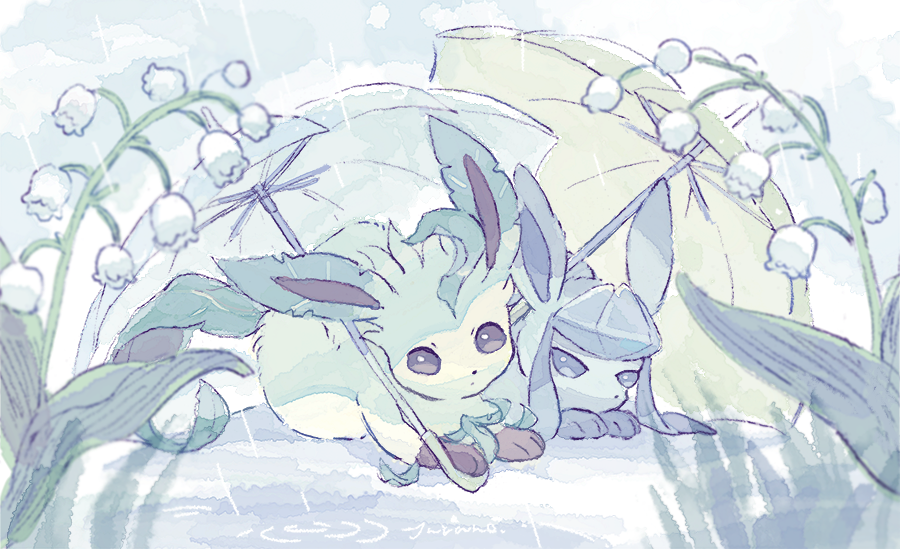 glaceon pokemon (creature) no humans umbrella rain outdoors closed mouth holding  illustration images