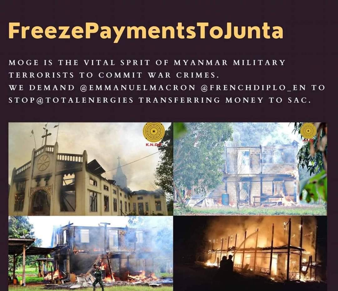 SoeThuWin85's tweet photo. Oil and gas revenues through Myanma Oil and Gas Enterprise (MOGE) fund the junta war crimes.We also thank to @CLechervy  for standing with https://t.co/5r5ez9vRjy,pls listen our voice.
#2022Jun17Coup
#NoExemption
#FreezePaymentsToJunta
#WhatsHappeningInMyanmar https://t.co/ZoD1paAQcq