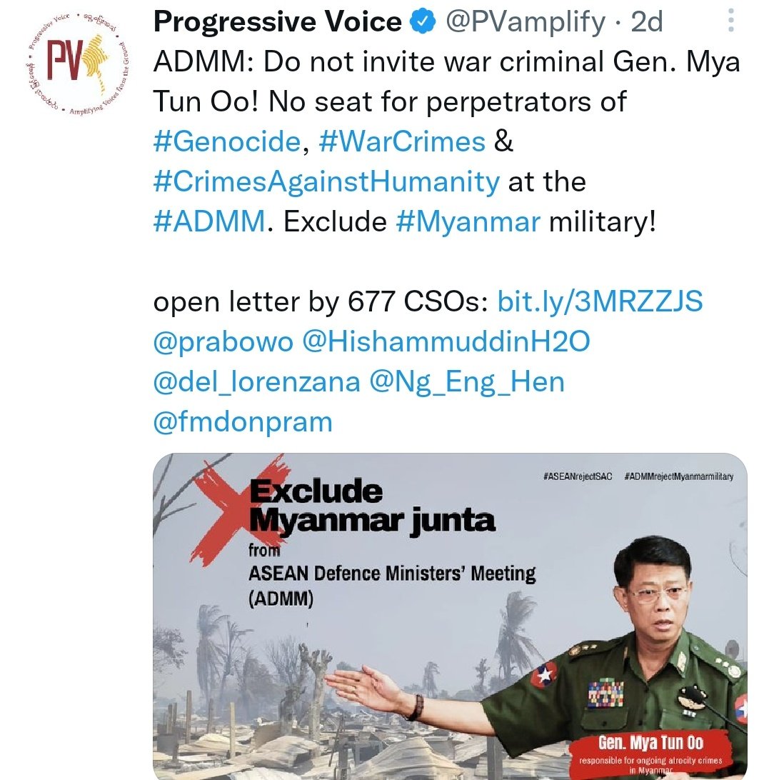 MayWongST's tweet photo. #Cambodia confirms #Myanmar #military defence minister general Mya Tun Oo will attend upcoming June 21-22 #ASEAN defence ministers' meeting #ADMM. Rights groups &amp; activists like @PVamplify &amp; @SpecialCouncil have all rejected &amp; called on bloc to ban him #WhatsHappeninglnMyanmar https://t.co/q1BO8t0n4Y
