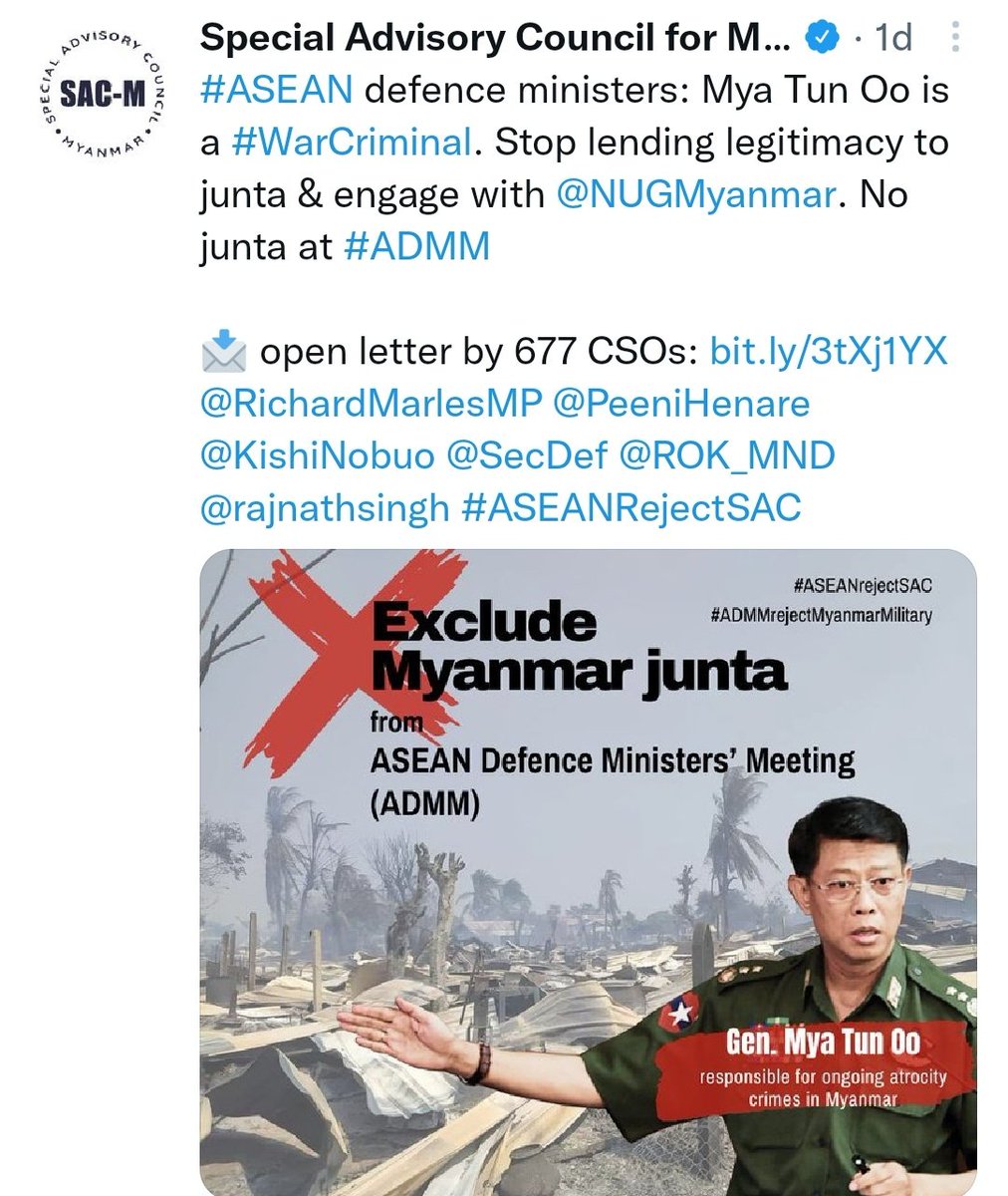 MayWongST's tweet photo. #Cambodia confirms #Myanmar #military defence minister general Mya Tun Oo will attend upcoming June 21-22 #ASEAN defence ministers' meeting #ADMM. Rights groups &amp; activists like @PVamplify &amp; @SpecialCouncil have all rejected &amp; called on bloc to ban him #WhatsHappeninglnMyanmar https://t.co/q1BO8t0n4Y