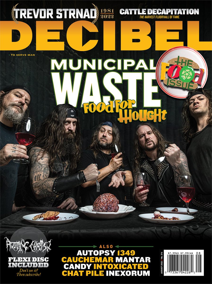 .@MUNICIPALWASTE serves up the cover of Decibel's The Food Issue! The Decibel Flexi Series delivers a side helping w/ an exclusive track from black metal legends Rotting Christ. Act fast you’ll be left to starve. Read to order? 🍔 tinyurl.com/decibel214 🍔 #MUNICIPALWASTE