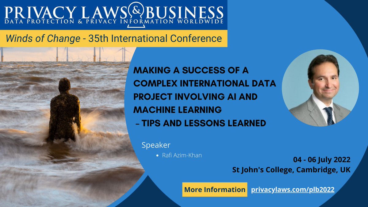 privacylaws's tweet photo. Gain tips and learn many lessons from a complex international data project involving #AI and #MachineLearning. This session will cover both the legal complications and the practical issues, led by Rafi Azim-Khan @pillsburylaw
#PLB2022 #dataprotection
https://t.co/U6HFpIiuVn https://t.co/QZVNhQQBWF
