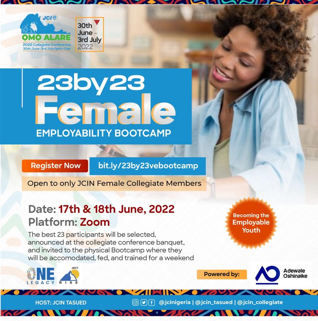 👩‍🦳👩‍🦳👩‍🦳 *23by23 FEMALE EMPLOYABILITY BOOTCAMP*  👩‍🦳👩‍🦳👩‍🦳

As a lady who is very passionate about Employability, I can't wait for today's training... 🥰
#Àwa_ní_Ọmọ_Alárè
#ỌmọAlárè
#JCI
#JCINigeria
#ONELegacy
#JCINCollegiate
#JCINTASUED
#CollegiateConference