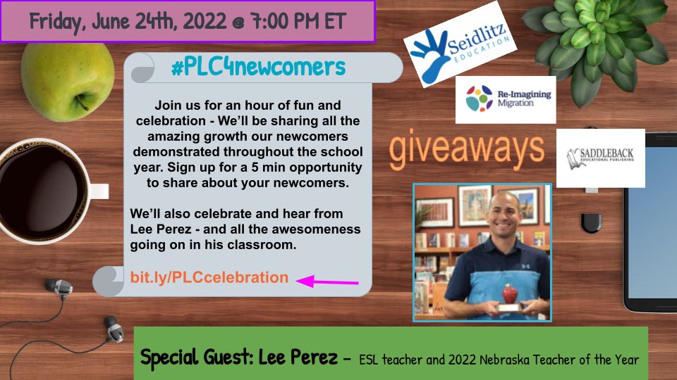 Emily Fษพฮฑษณฦฮนส (@emilyfranesl) on Twitter photo Hey #PLC4newcomers ๐ฃโZoom link sent ๐ง
๐ Next Friday 6/24
โฐ 7:00 PM ET
๐ฃ guest speaker: <a href="/LanguagePerez/">Lee Perez</a>
๐ Weโll celebrate YOU & your newcomers โ (sign up for a time to share)
๐ lots of giveaways from <a href="/Seidlitz_Ed/">Seidlitz Education</a>, <a href="/SDLBACK/">Saddleback Educational Publishing</a>, & <a href="/reimaginemigrat/">Re-Imagining Migration</a> Hey #PLC4newcomers ๐ฃโZoom link sent ๐ง
๐ Next Friday 6/24
โฐ 7:00 PM ET
๐ฃ guest speaker: <a href="/LanguagePerez/">Lee Perez</a>
๐ Weโll celebrate YOU & your newcomers โ (sign up for a time to share)
๐ lots of giveaways from <a href="/Seidlitz_Ed/">Seidlitz Education</a>, <a href="/SDLBACK/">Saddleback Educational Publishing</a>, & <a href="/reimaginemigrat/">Re-Imagining Migration</a>