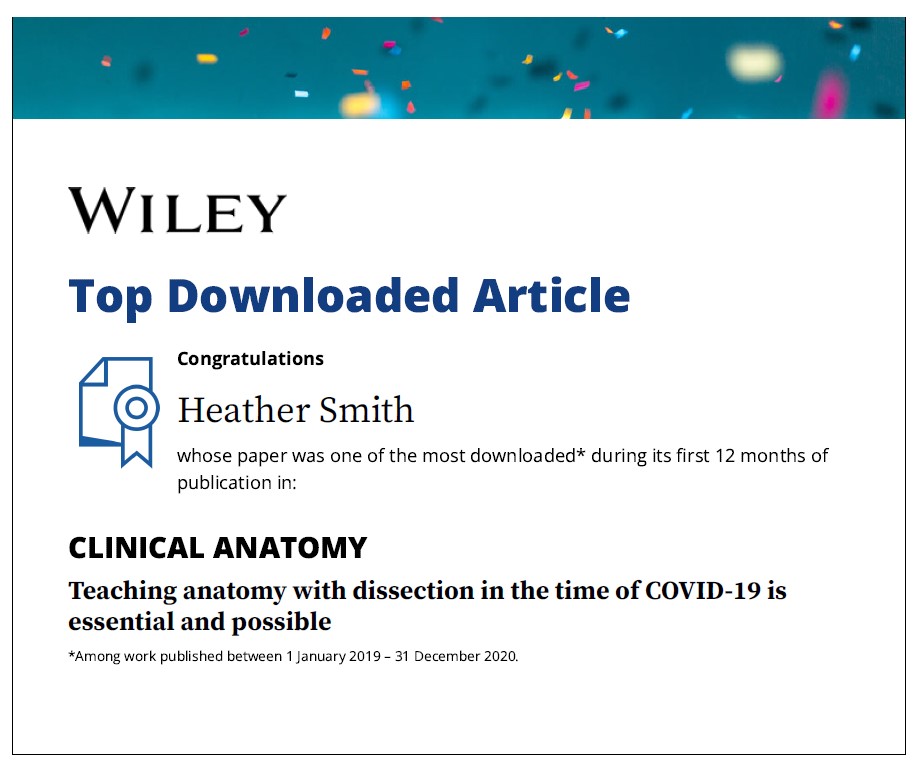 heatherfsmith's tweet photo. Our paper on teaching anatomy with dissection during COVID is now a top downloaded article:
https://t.co/9Ig3mhPKoF https://t.co/WY3RyKlmSH