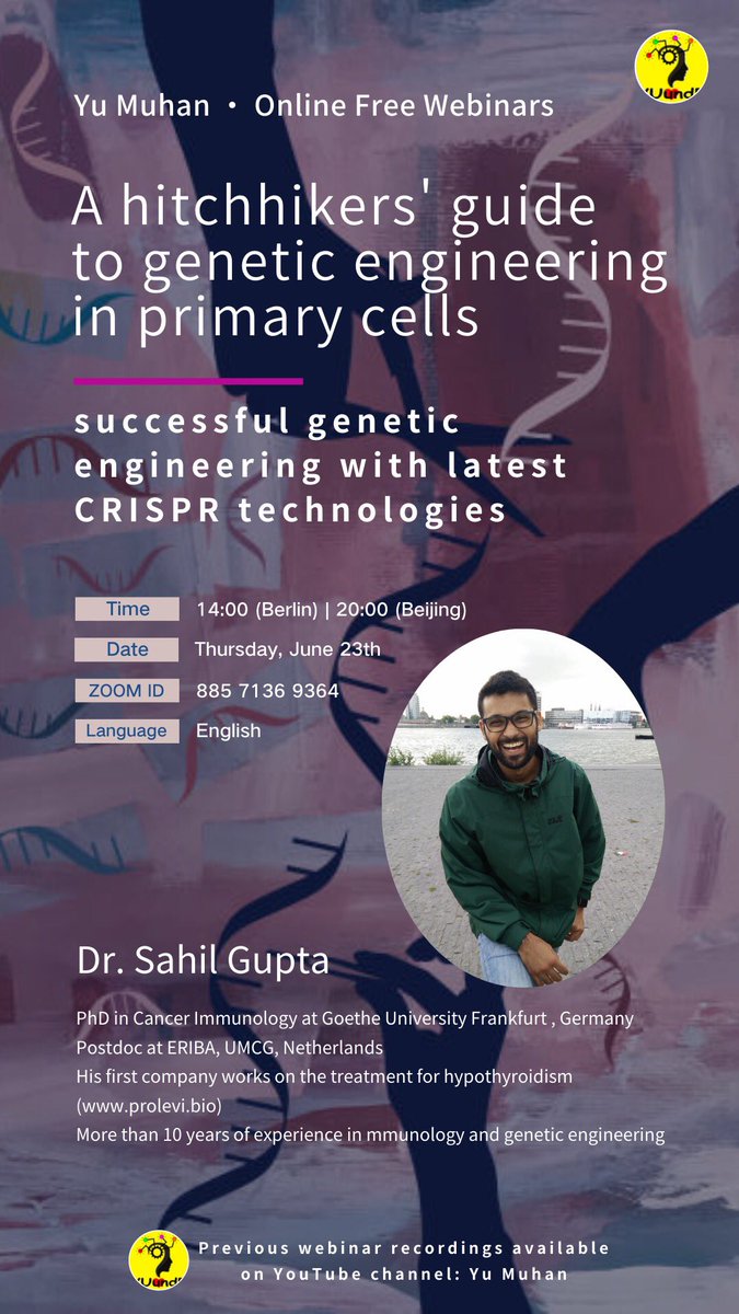 JianyuLi8's tweet photo. I'll be organizing a session with Dr. Sahil Gupta on: A hitchhikers’ guide to genetic engineering in primary cells. 

In this webinar he will be sharing step by step guide for successful genetic engineering with latest CRISPR technologies development. 

Feel free to join us！ https://t.co/FXrAqxuEE8