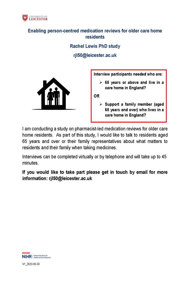 Rachel Lewis (@rachjlewis) on Twitter photo Do you support a family member aged 65+ in a #carehome in England? Could you help with my research on #personcentredcare by talking to me about what matters to residents and their family when taking medication?
Please email rjl50@leicester.ac.uk for further details. Do you support a family member aged 65+ in a #carehome in England? Could you help with my research on #personcentredcare by talking to me about what matters to residents and their family when taking medication?
Please email rjl50@leicester.ac.uk for further details.