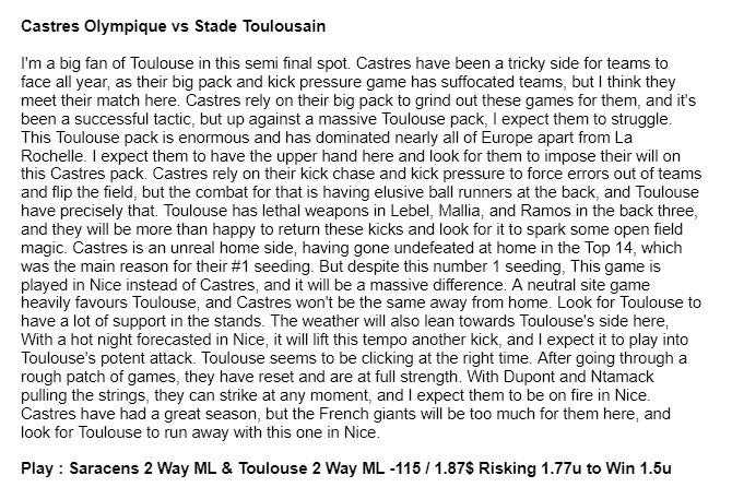 🏴󠁧󠁢󠁥󠁮󠁧󠁿 🇫🇷  Premiership Rugby &amp; Top 14 Moneyline Parlay 🏉 #Top14  #GallagherPrem
Play : 💫 Saracens 2 Way ML &amp; 🔴⚫️Toulouse 2 Way ML -115 / 1.87$ ( Bet365 ) Risking 1.725u to Win 1.5u
GL if Tailing