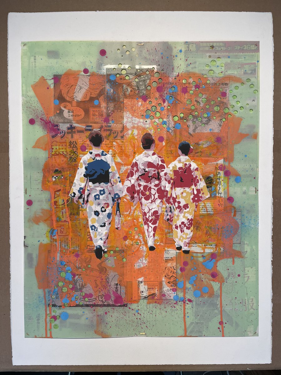 “Three Kyoto Women”

30 x 22 in.

Liquid acrylic, oil pastel, newspaper, manga, handmade paper, on Duralar and heavyweight watercolor paper stitched together with vintage Japanese 24k gold thread

Available now, DM to purchase

#art #アート #artist #artforsale #japan #日本 #kunst