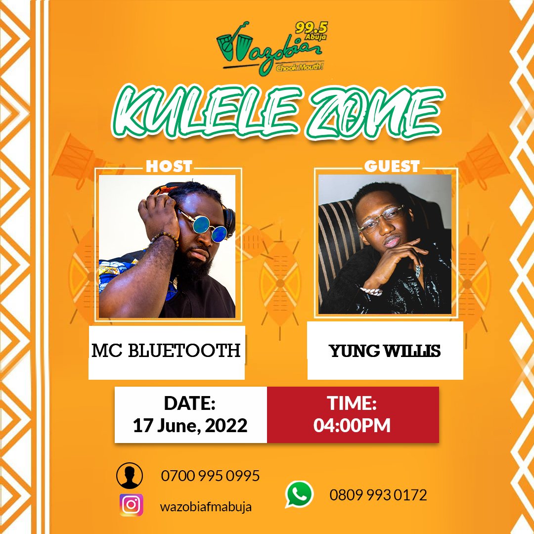 WazobiaFMAbuja's tweet photo. Omo today pesin dey come chook beta mouth for we side

@officialyungwillis dey show for studio today to yarn with @mcbluetoothccfr for inside #kulelezone 

If you sabi say you wan #chookmouth go download Wazobia FM app or click the link for our bio

#wazobia 
#givingdem https://t.co/l7gs18VfiE