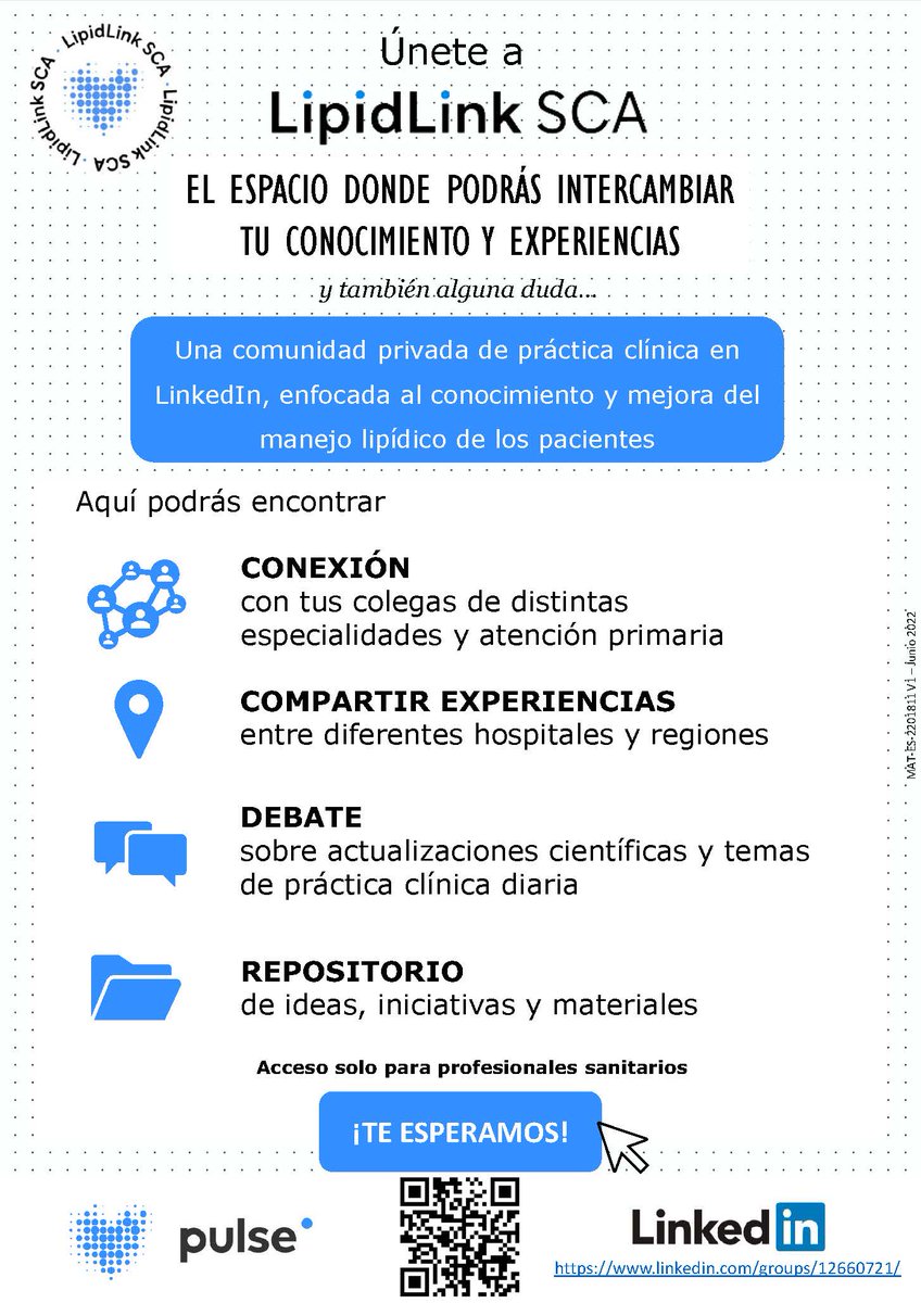 Quieres unirte a la comunidad LipidLink SCA? Un espacio en el que compartir y debatir sobre conocimientos y experiencias en el manejo lipídico y del riesgo cardiovascular. ¡Te esperamos! linkedin.com/groups/12660721