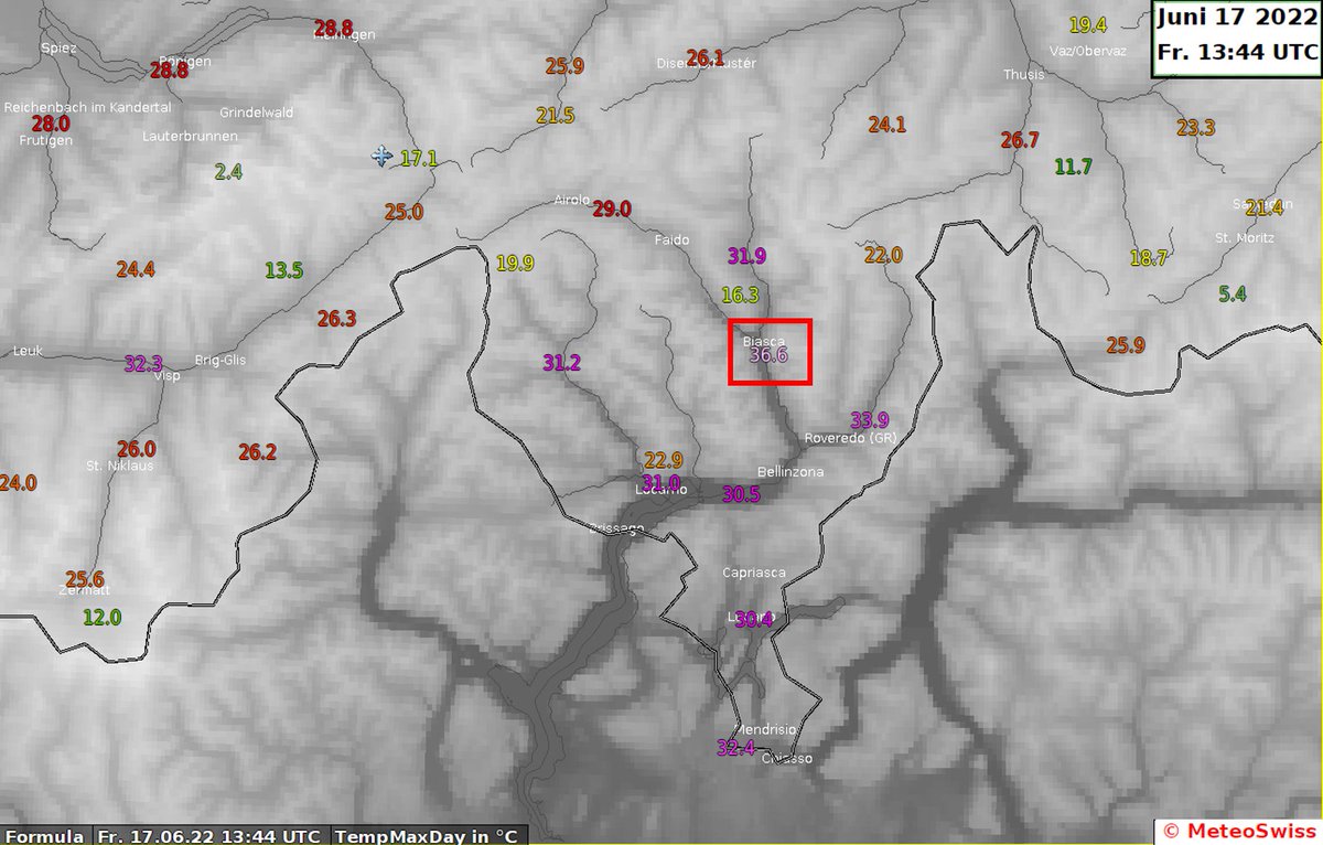 Record mensuel national approché en #Suisse avec 36.6°C dans le Tessin à Biasca. Il s'agit toutefois de la plus haute valeur relevée dans le sud des #Alpes en juin en Suisse. 