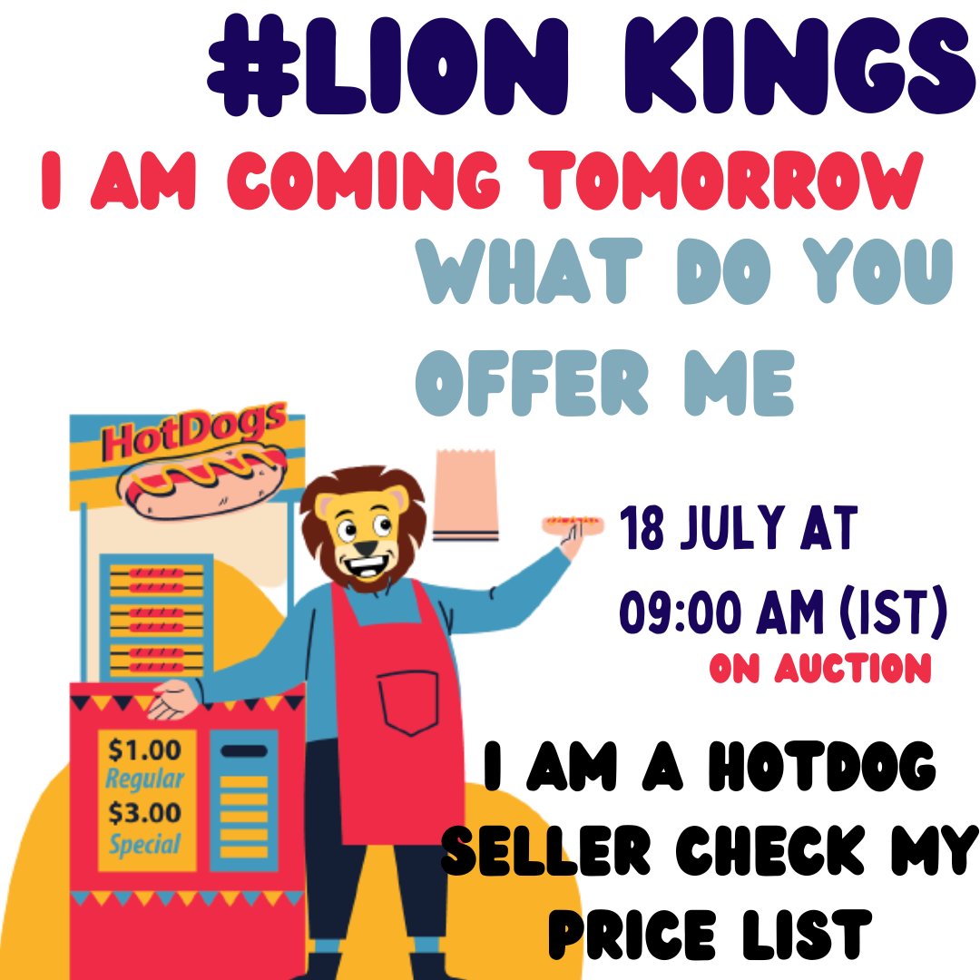 ⭕Sneak Peak for the upcoming #NFTdrop

HOTDOG SELLER 🦁🦁

Drop Tommorow At 09:00AM (IST)

🧓🧓We are LionKings #NFTs 👨‍💼

opensea.io/collection/lio…

#NFTCommunity #nftcollectors
#nftarti̇st #NFTs #ArtvisionNFT
#NFTProject #NFTartwork