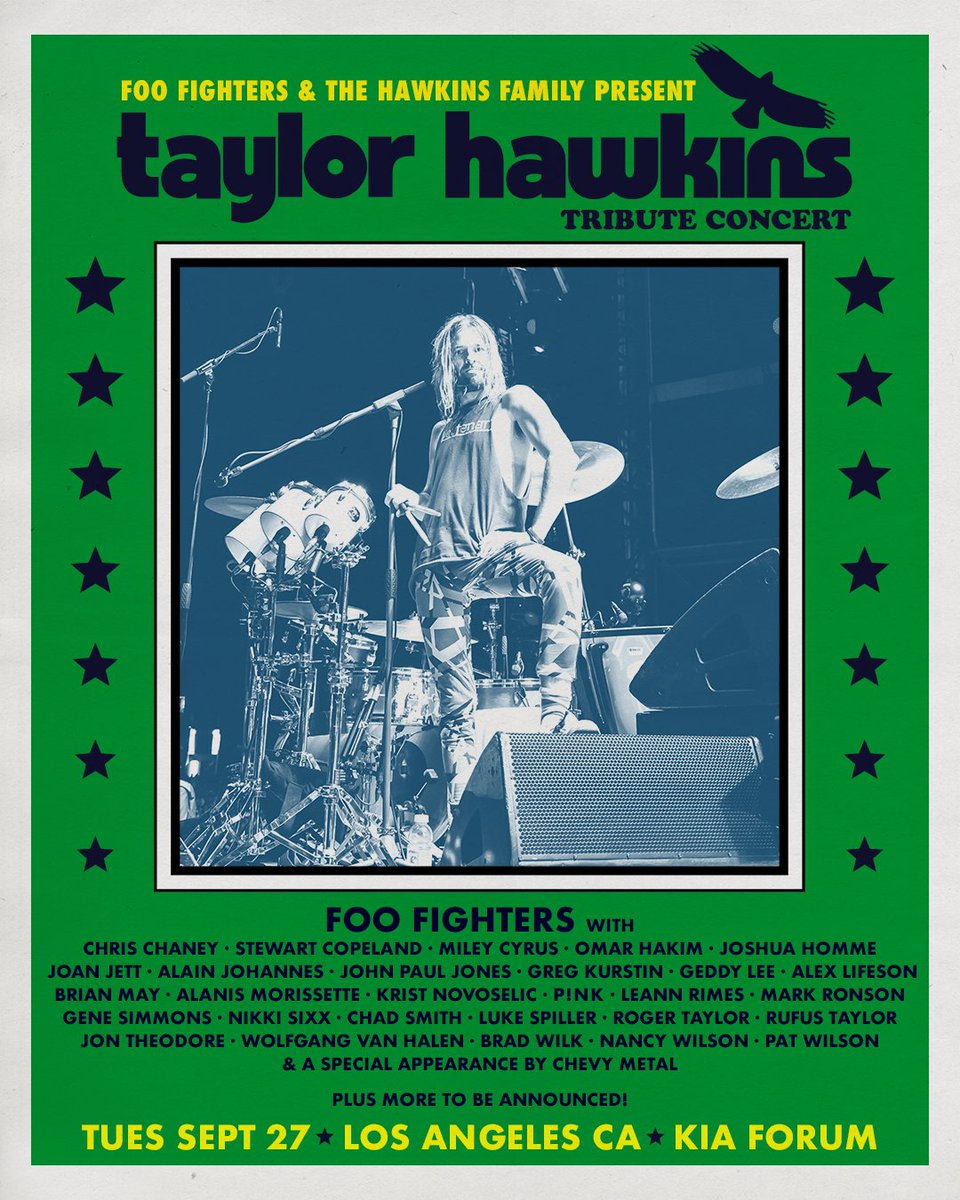 Welcome newly added guest artists to The Taylor Hawkins Tribute Concert in LA! Tickets are on sale today at 9AM local time. foofighters.lnk.to/THCA22 The Taylor Hawkins Tribute Concerts will benefit charities in both the US & UK chosen by the Hawkins family. Details to follow.
