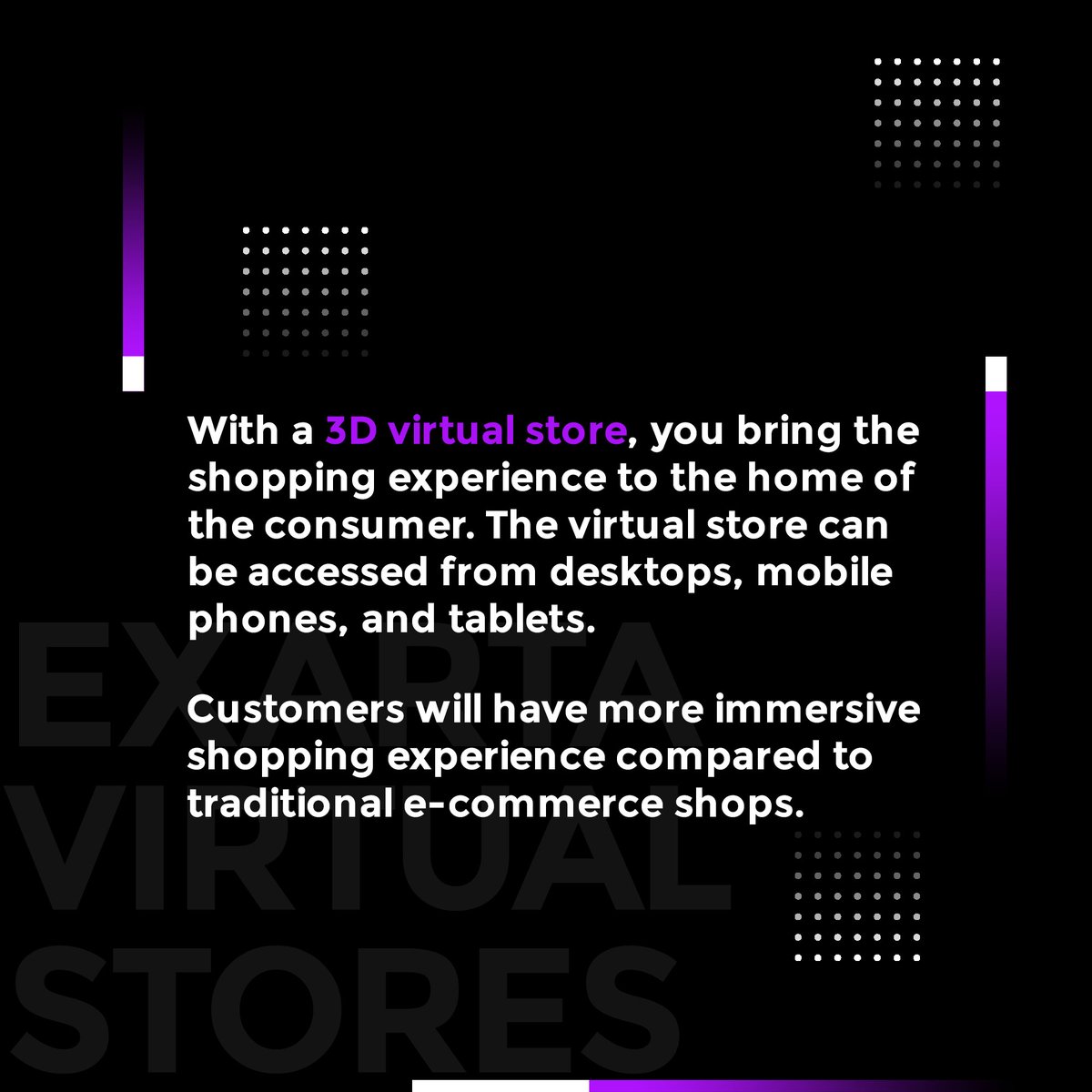 ExartaOfficial's tweet image. Read out the four ways how Exarta Virtual stores will benefit the retailers👇
.
.
.
#virtualstores #exartametaverse #shoppinginmetaverse #landsales #ecommercemetaverse