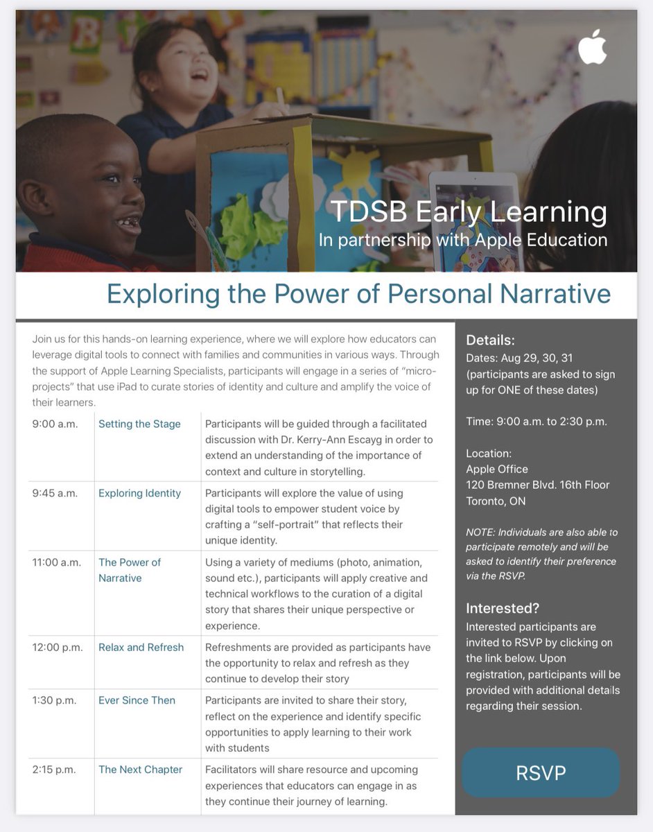 TDSB Early Years educators, join us in August for a day of hands-on learning with Apple Education as we explore the power of personal narrative! We are also honoured to be joined by keynote speaker, <a href="/DrEscayg/">Dr. Kerry-Ann Escayg</a>! 

Space is limited. Register here: drive.google.com/file/d/1CnTIVo…