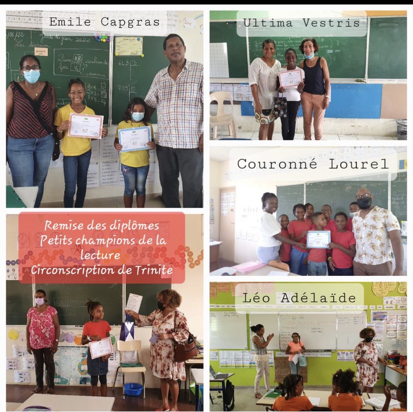 JLHOMAND's tweet photo. Remise des diplômes « Petits champions de la lecture » @CircoTrinite @acmartinique            Des enseignants et des èlèves de CM1 et CM2 très investis pour faire vivre la lecture à voix haute dans les classes....Félicitations à tous!! https://t.co/WrKQxQrRHh