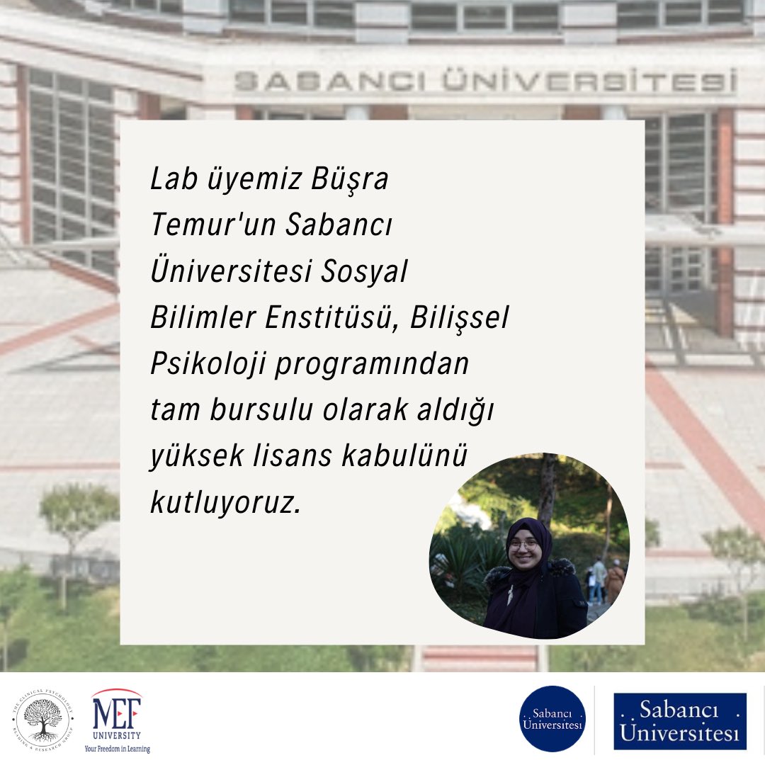Mefclinical's tweet photo. Lab üyemiz Büşra Temur'un Sabancı Üniversitesi Sosyal Bilimler Enstitüsü, Bilişsel Psikoloji programından tam bursulu olarak aldığı yüksek lisans kabulünü kutluyoruz. @MEFPsychology  @MEFuniversitesi @Muhammed__Sahin https://t.co/EH4FQYJbAR