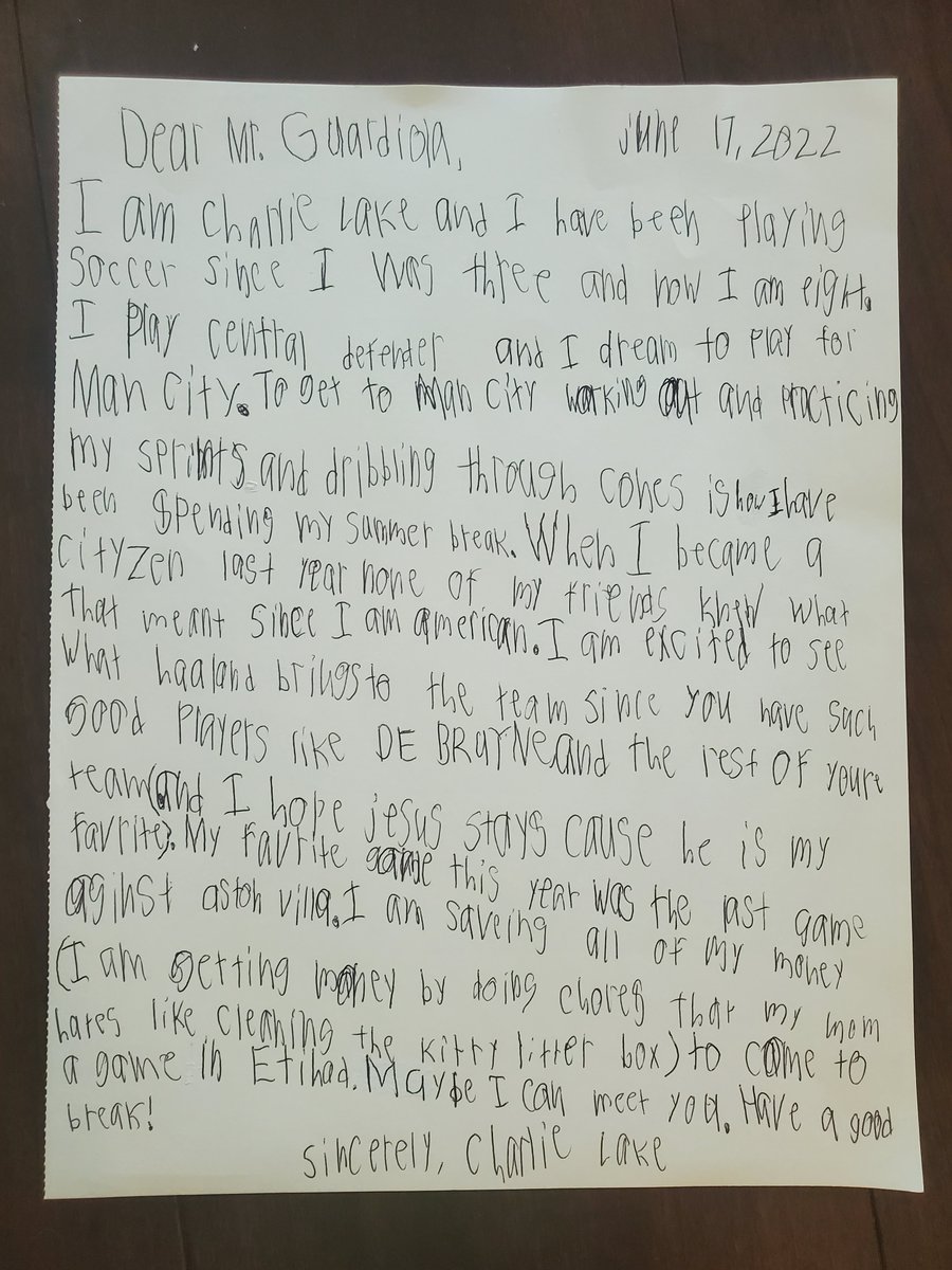 stratlake's tweet photo. @ManCityHelp I tried to email but it came back to me as undeliverable. My 8 year old wrote a letter to Pep, and it was too cute to not mail to him.  Is there a business office address where he can send this? https://t.co/wNxUweds2a