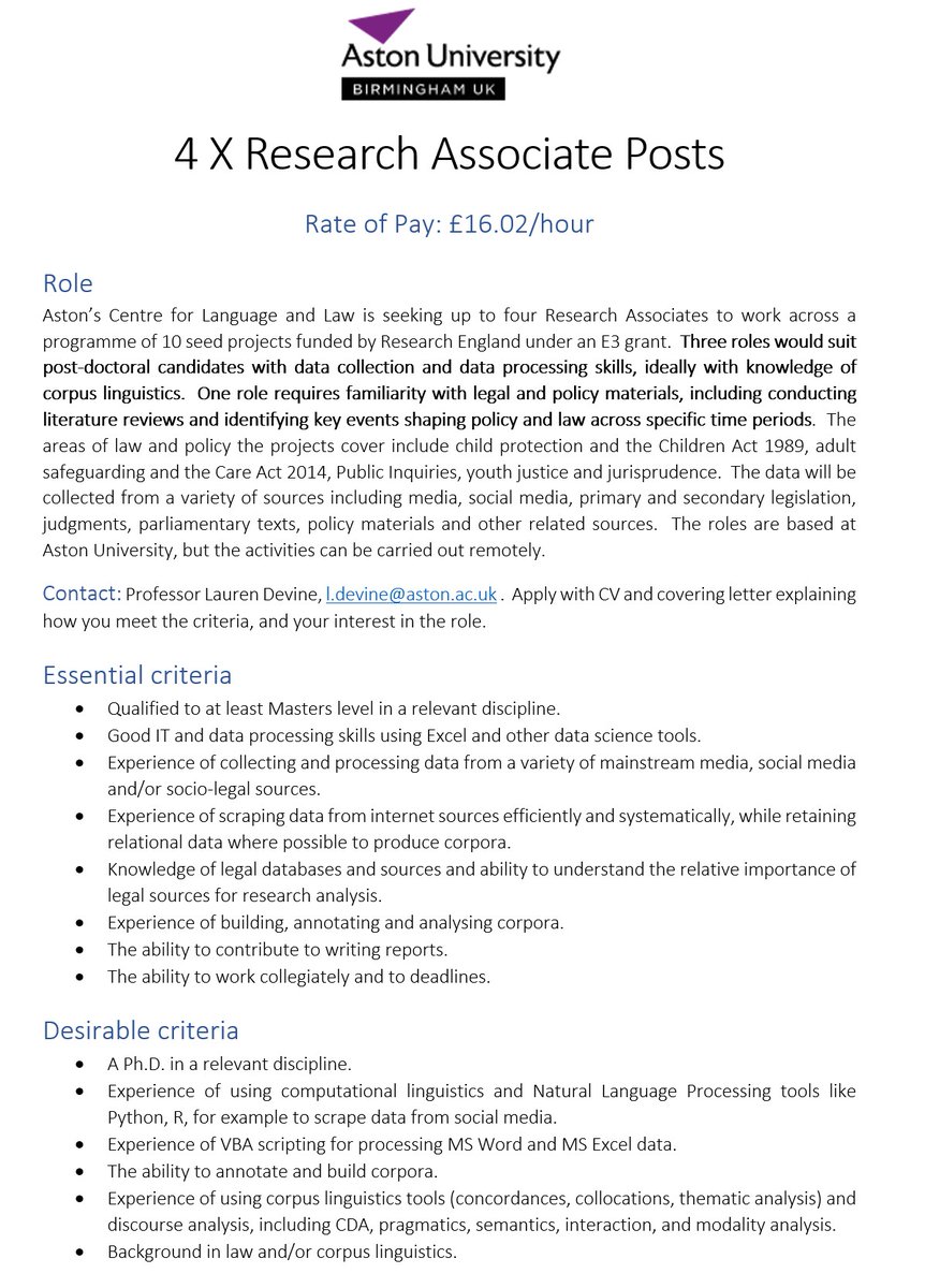 Research opportunities!  Come and work for us in the Centre for Language and Law at Aston.  We have several posts available starting in July for research associates in linguistics/law/social policy.