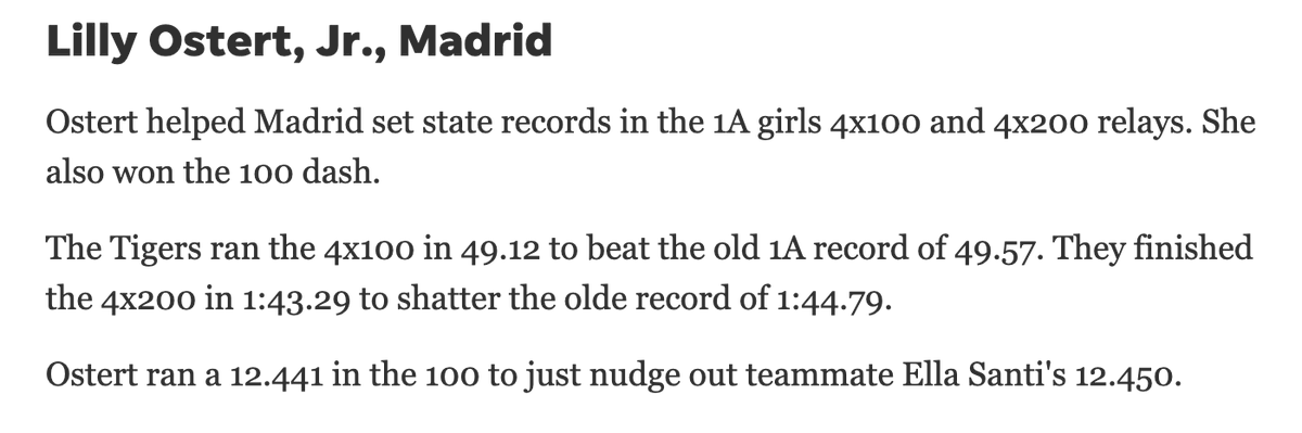 MadridGirlsTF's tweet photo. Congratulations to @OstertLilly for her selection @DMRegister Elite All State Track &amp; Field Team. Please correct our 'official' time; our girls ran 48.72 at the State Meet in prelims for Class 1A State Meet Record Congratulations Lilly!  #TigerPride 
@MadridTigers @IGHSAU @iatfcc https://t.co/Y2E1opzvsv
