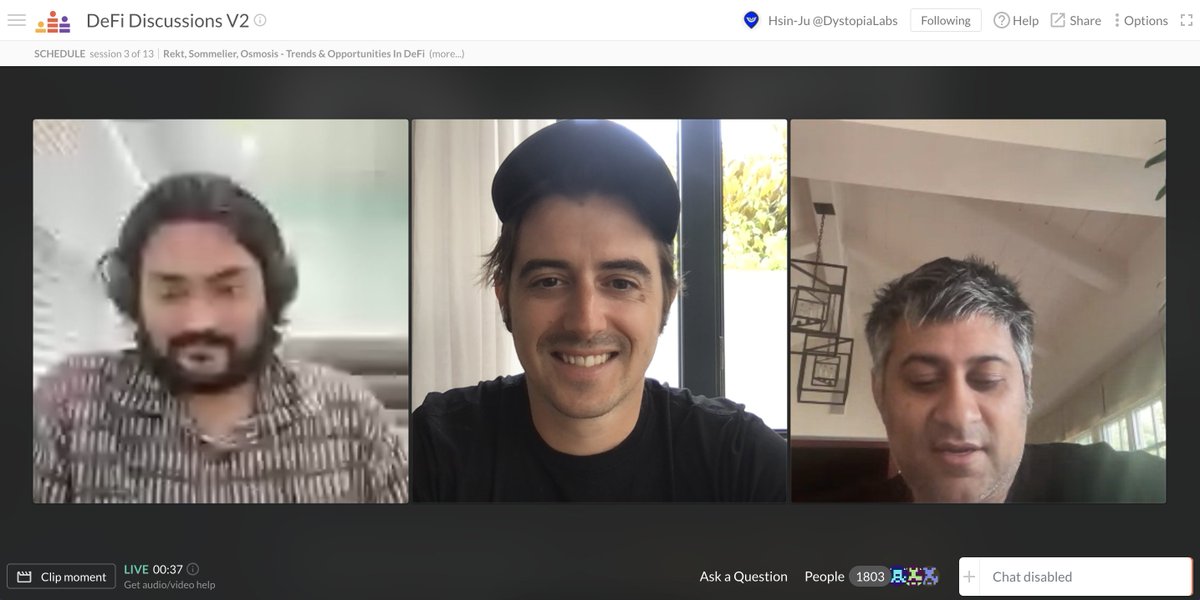 bneiluj's tweet photo. Live discussing "Trends &amp; Opportunities In DeFi" with two old good friends @zmanian &amp; @sunnya97. Disclaimer: strong takes. @DystopiaLabs 
https://t.co/hfMbF510R7 https://t.co/zH3ZCml97d