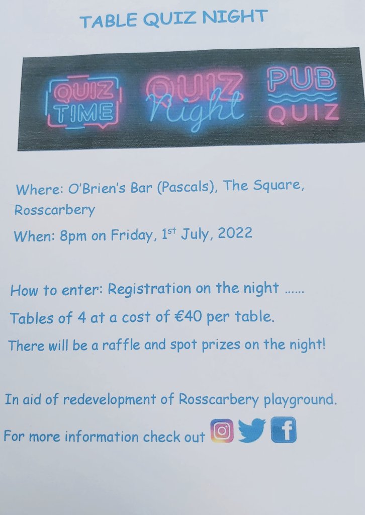 Ross_Playground's tweet photo. Date for your diary's.  1st of July Table Quiz in O'Briens Bar (Pascals) @8pm .In aid of Rosscarbery Playground Development .Please retweet and get studying https://t.co/IdSrQiTliu