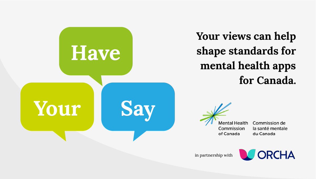 ORCHA (@orchahealth) on Twitter photo Have your say to help shape standards for mental health apps for Canada. 📲 Fill in our survey to give feedback on the <a href="/MHCC_/">Mental Health Commission of Canada</a> Assessment Framework, developed with the support of ORCHA and over 200 stakeholders, to help people access safe and secure apps: eu1.hubs.ly/H015_xW0 Have your say to help shape standards for mental health apps for Canada. 📲 Fill in our survey to give feedback on the <a href="/MHCC_/">Mental Health Commission of Canada</a> Assessment Framework, developed with the support of ORCHA and over 200 stakeholders, to help people access safe and secure apps: eu1.hubs.ly/H015_xW0