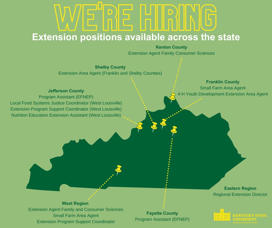KYSUag's tweet photo. Interested in working for Kentucky State University's Land Grant Program? We have open positions in Frankfort and beyond! 

Learn more and apply here: https://t.co/GxWswTqsO8 https://t.co/fIfsZrJbqN