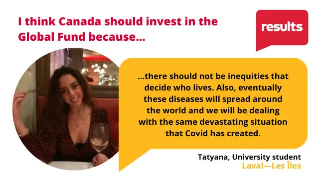 Hey <a href="/F_ElKhoury/">Fayçal El-Khoury 🇨🇦</a>! Your constituent, Tatyana, thinks Canada must commit its fair share to the <a href="/GlobalFund/">The Global Fund</a> to Fight HIV/AIDS, TB, &amp; malaria. We rely on leaders like you to  #FightForWhatCounts so people everywhere can access quality healthcare. #1Point2Billion