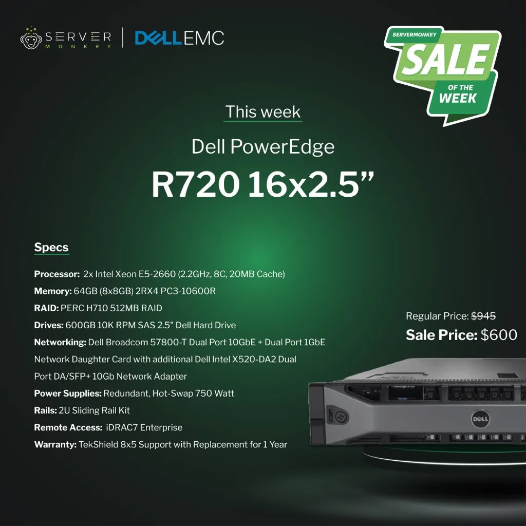MyServerMonkey's tweet photo. Looking for a server at a good price? Well you’re In luck! ServerMonkey Sale of the Week brings you the Dell PowerEdge R720 for $600—originally $945. Be sure to secure this deal before the sale ends in 4 days on June 14th:
🌐 https://t.co/hWq3SatyHE

#dell #pc #R720 #intel https://t.co/pcgVBbXfmr