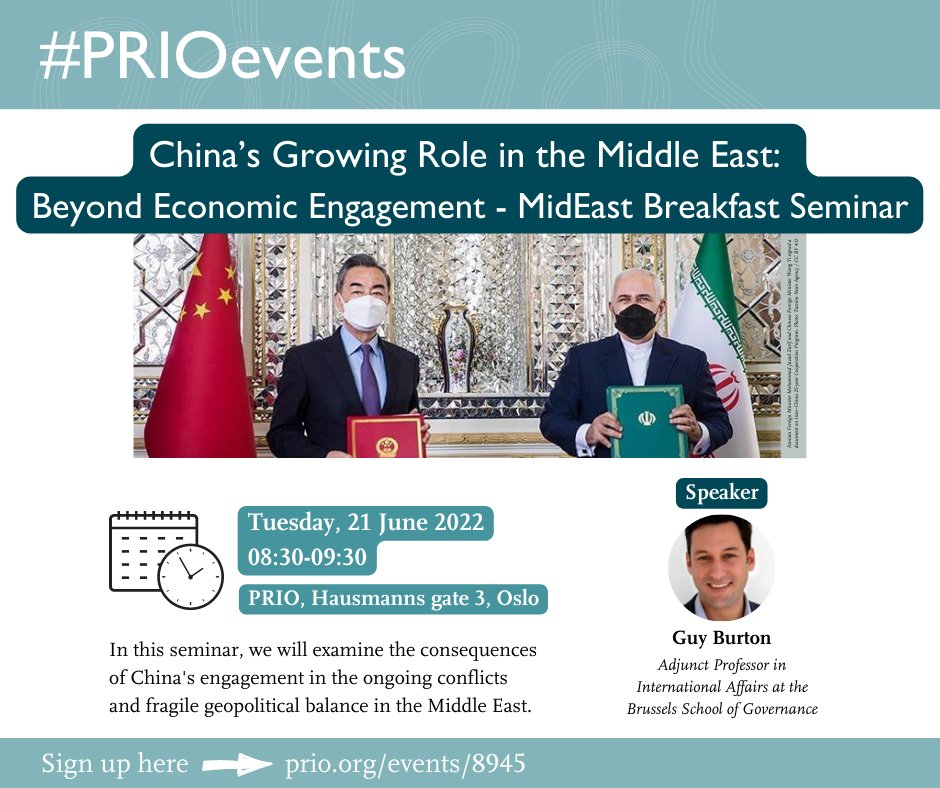PRIOresearch's tweet photo. The PRIO Middle East Centre invites you to a #MidEastBreakfast seminar on #China’s growing role in the #MiddleEast with @guyjsburton. The seminar will be chaired by @ilaria_carrozza and comments offered by @juliapalik1. Sign up👉 https://t.co/Rkmx2ZjBw2
#PRIOmideast #PRIOevents https://t.co/MFSlrdVyyC