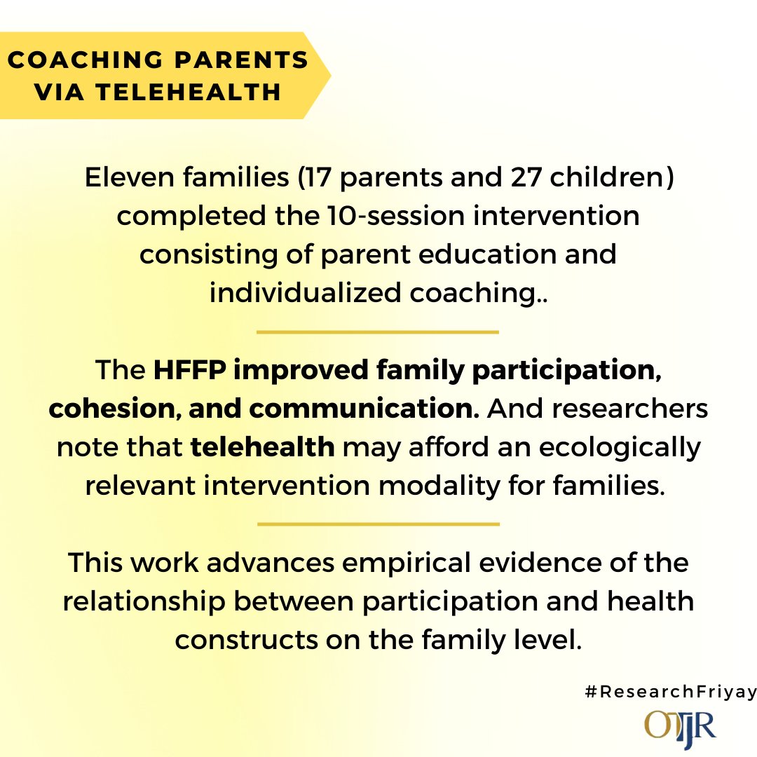 OTJRJournal's tweet photo. Families provide foundational contexts in which most children develop and grow. This study sought to determine the preliminary effects of #HFFP, a #telehealth occupation-based parent #coaching intervention
https://t.co/zqScdEo6k7
#OT #Occupationaltherapy #OTResearch https://t.co/3n3NX7RSeg