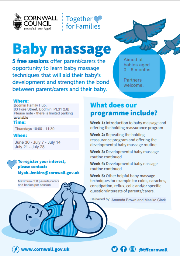 TFFCornwall's tweet photo. We have a limited number of spaces available on a free baby massage course in Bodmin.  

Check out the details... https://t.co/omKlbcksEw