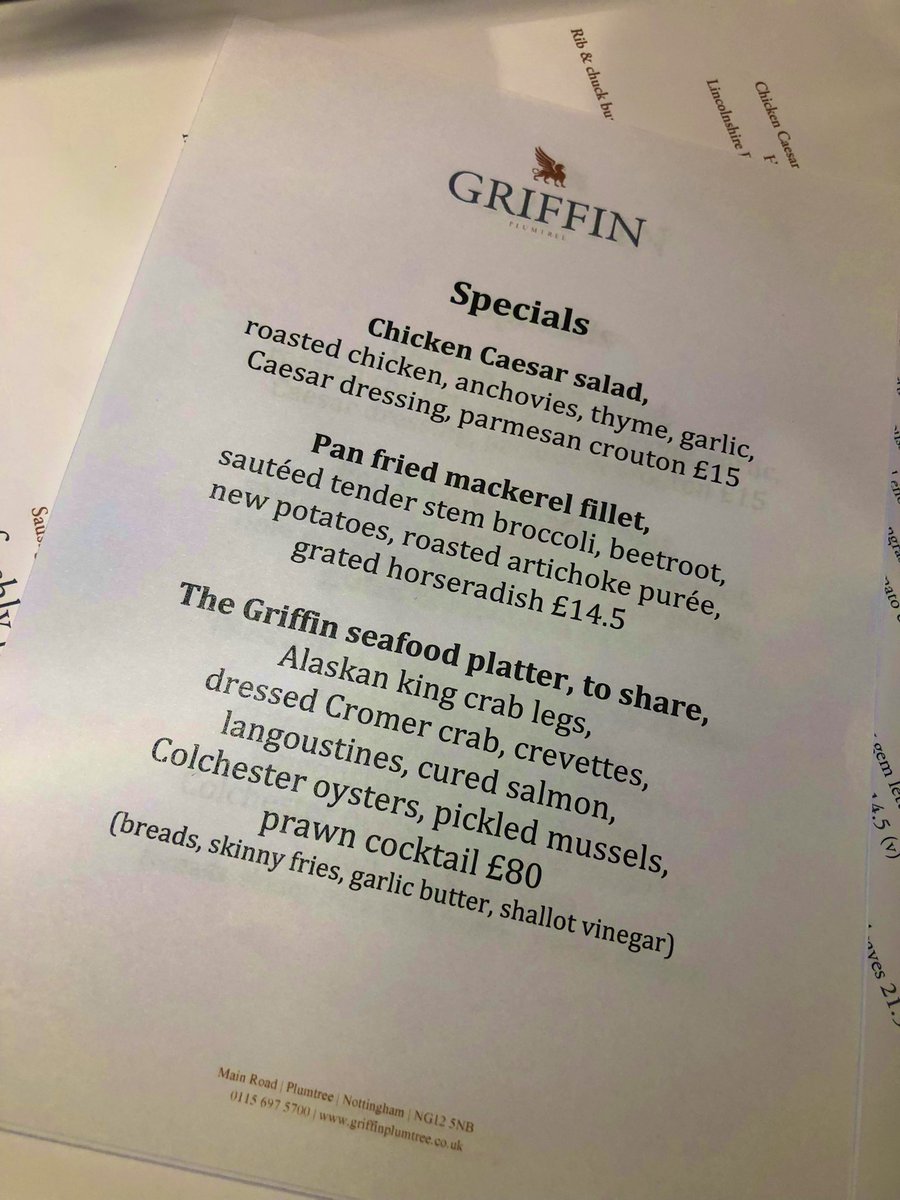 PlumtreeGriffin's tweet photo. Suns out, seafoods out. 
Taking a leaf out of some of our fave places today… @rockybottoms1 @WhiteHorseBranc @duckinnstanhoe … we give you the Griffin “Fruits de Mer” 
🦀 🦞 🍤
Pre-orders welcome when you book… to share… or not! ☀️🧡
#lunch #pubs #nottinghamshire https://t.co/DQBc8r3vmM