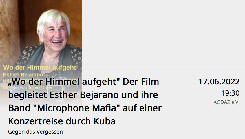 fgbrdkuba's tweet photo. „Wo der Himmel aufgeht" Der #Film begleitet #EstherBejarano und ihre Band "#MicrophoneMafia" auf einer Konzertreise durch #Kuba. Freitag, 17.6. um 19:30, A.G.D.A.Z., Gropiusring 43a, #Hamburg https://t.co/15B8pI3H6N