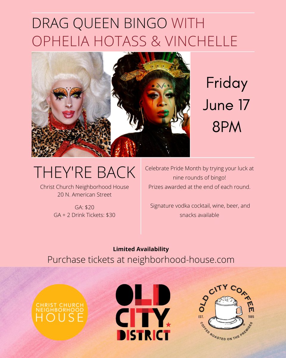 We're proud to sponsor Drag Queen Bingo tonight at Christ Church Neighborhood House! 🌈 👑 Drag! Fun! Prizes! Bingo!
Tickets are available at 👉 eventbrite.com/e/drag-queen-b…