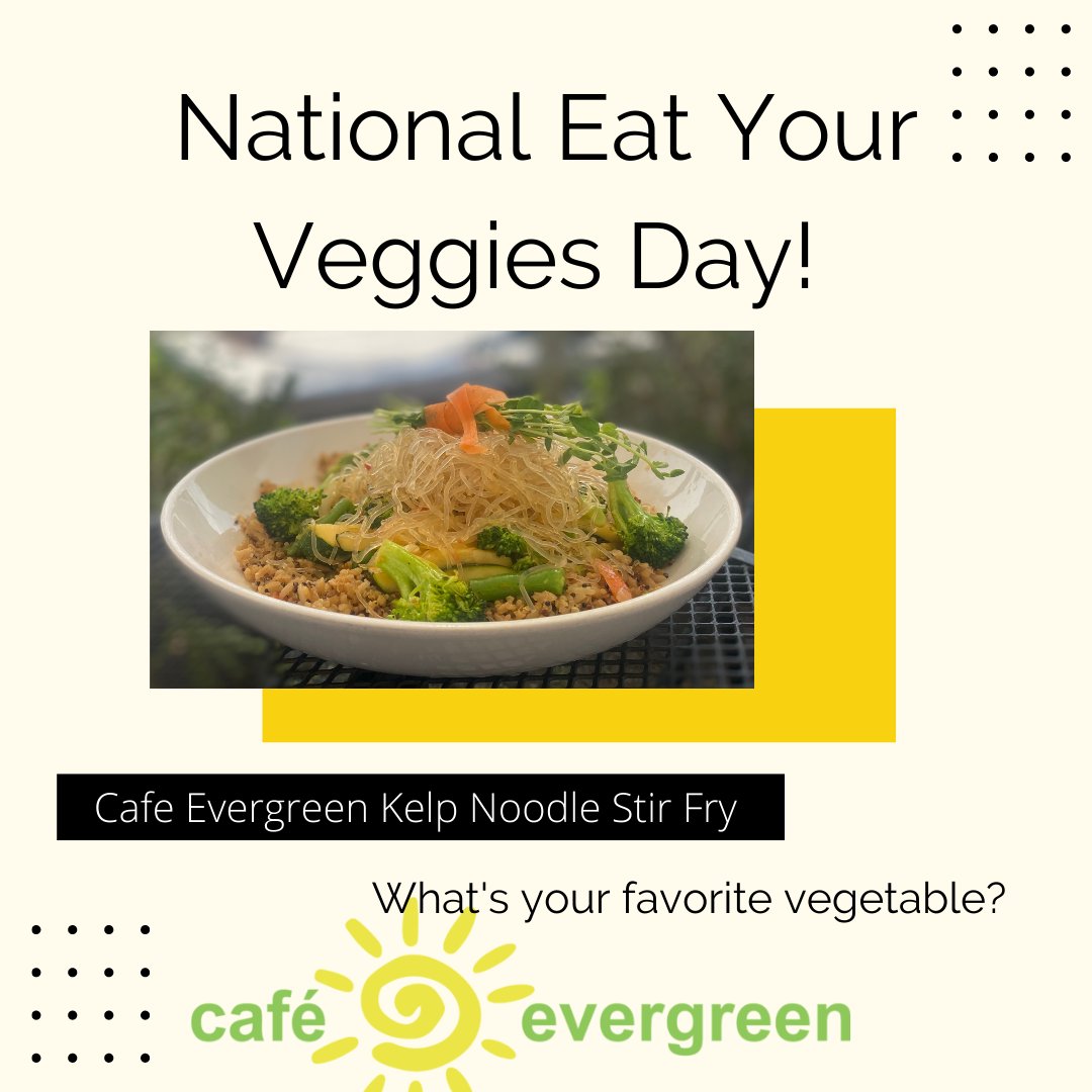 CafeEvergreen's tweet photo. It's National Eat Your Veggies Day! try something new like our Kelp Noodle Stir Fry, it has kelp noodles, yellow squash and more! 

#cafeEvergreen #veggies #foodie #newfoods #EatHealthy https://t.co/ZRTfbQnEwJ