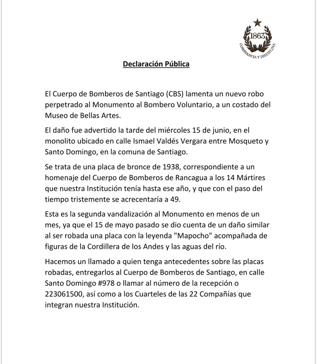 cbsantiago's tweet photo. El Cuerpo de Bomberos de Santiago lamenta profundamente un nuevo robo al Monumento al Bombero Voluntario.
Esta es la segunda placa de bronce que, en menos de un mes, se sustrae del lugar.
@Monumentos_cl
@Muni_Stgo
@IraciHassler
@Comandantecbs
#BomberosSantiago https://t.co/uKMl1uGLzc
