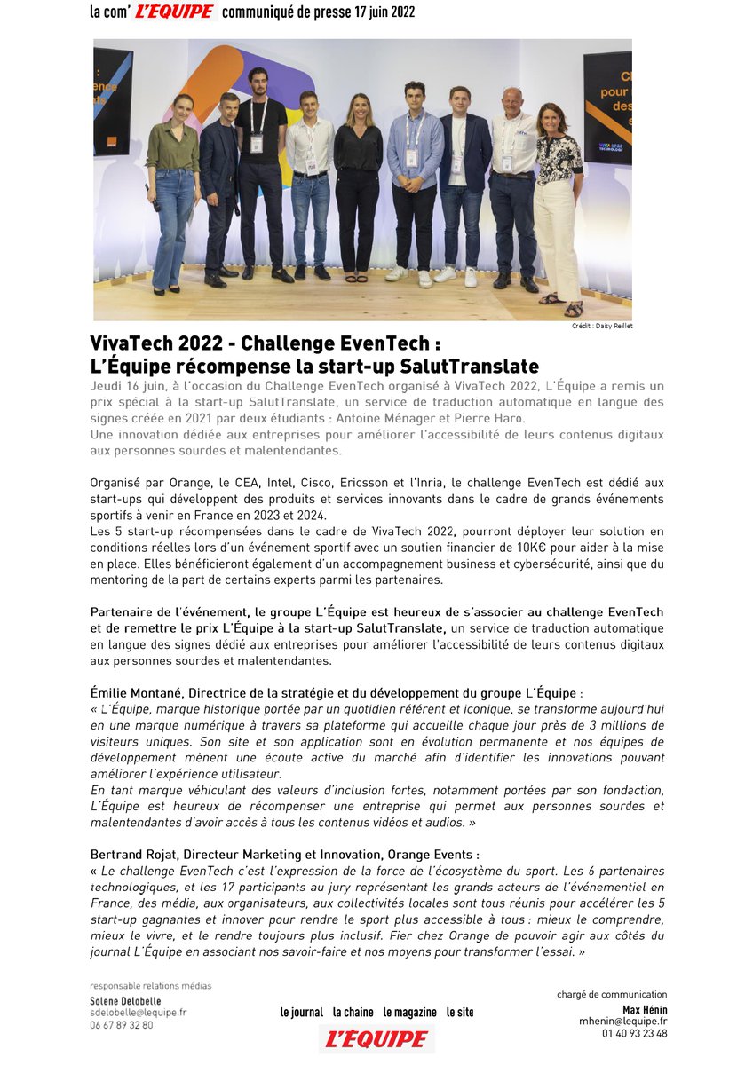 lequipe_pro's tweet image. À l’occasion du #ChallengeEvenTech organisé à @VivaTech 2022, @lequipe a remis un prix spécial à la start-up SalutTranslate, un service de traduction automatique en langue des signes créée en 2021 par deux étudiants : Antoine Ménager et Pierre Haro 👏