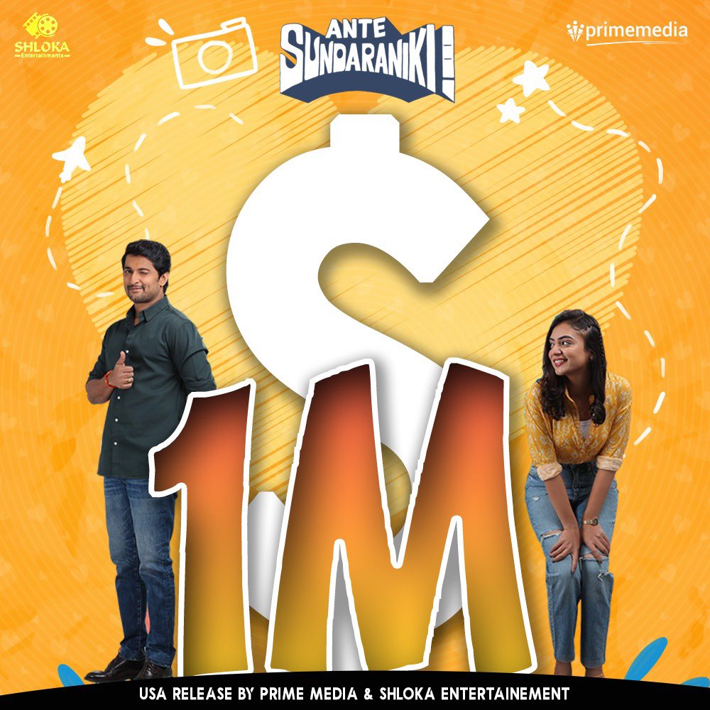 PrimeMediaUS's tweet photo. #AnteSundaraniki crossed $1M milestone in 🇺🇸 

This is #Nani 7th film to hit this milestone. Sundar &amp; Leela continue to win ❤️ &amp; movie is played in 115+ theaters in wk2. 

Book &amp; enjoy this ROMCOM in theaters https://t.co/bMTUo3TyfD