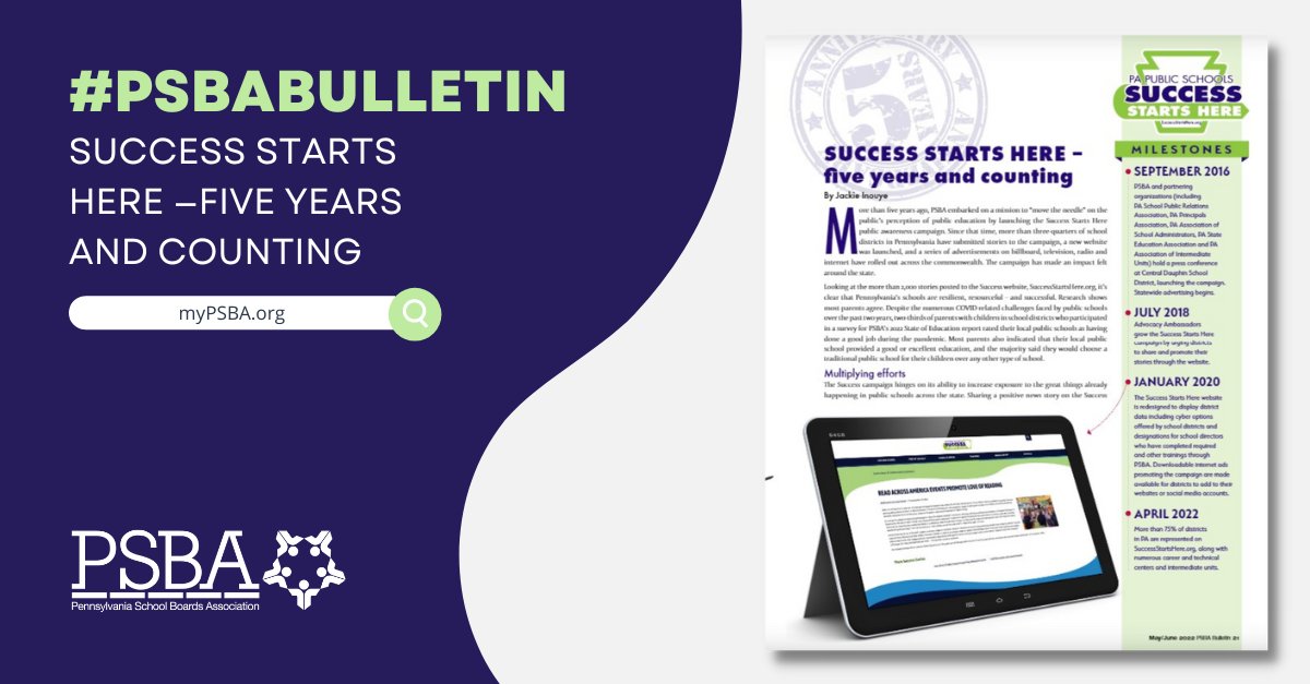 PSBA's tweet photo. More than five years ago, PSBA embarked on a mission to "move the needle" on the public's perception of public education by launching the Success Starts Here campaign. Read more in the May/June issue of #PSBABulletin. Members can access the digital version on myPSBA. https://t.co/42z3Ip0XgL