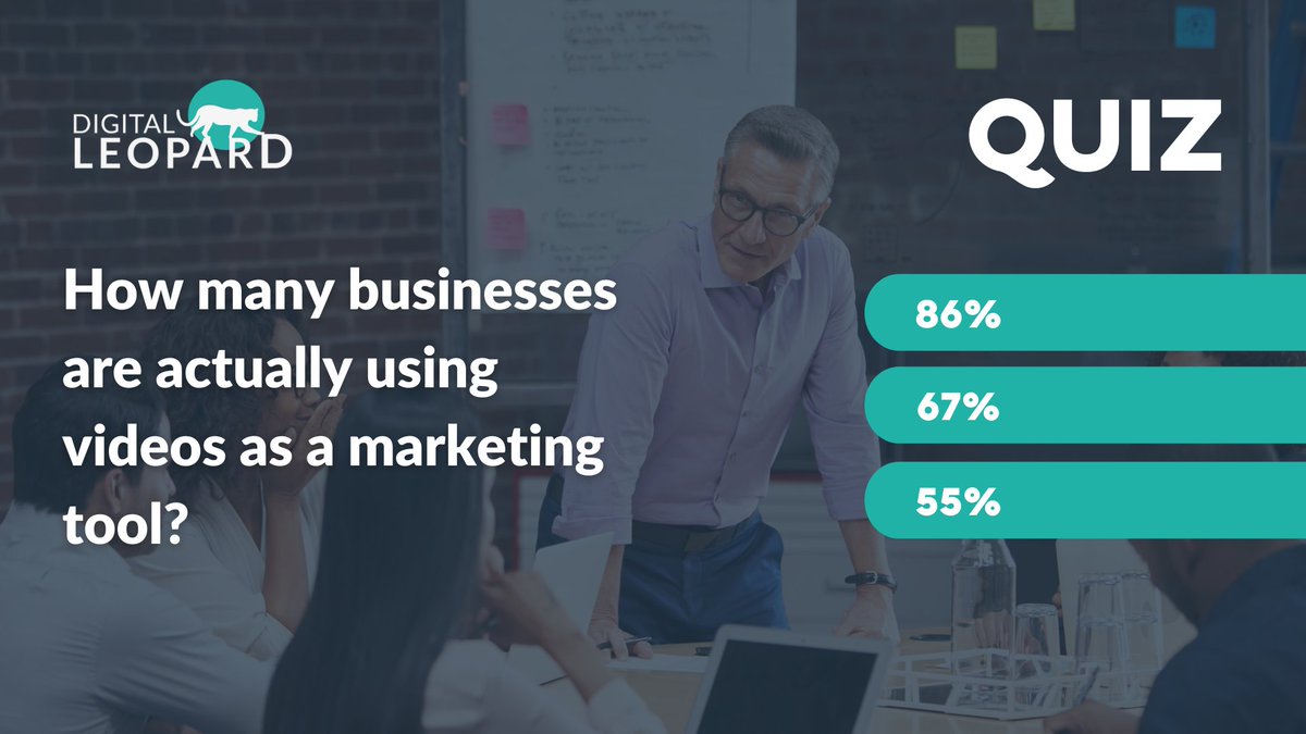 digital_leopard's tweet photo. Quiz time! #Videomarketing is the new norm. But how many businesses are actually using #videos as a marketing tool?
86%
67%
55%
Stay tuned for the answer.
#quiz #videomarketingforbusiness #digitalleopard https://t.co/5SwVPPWG7p