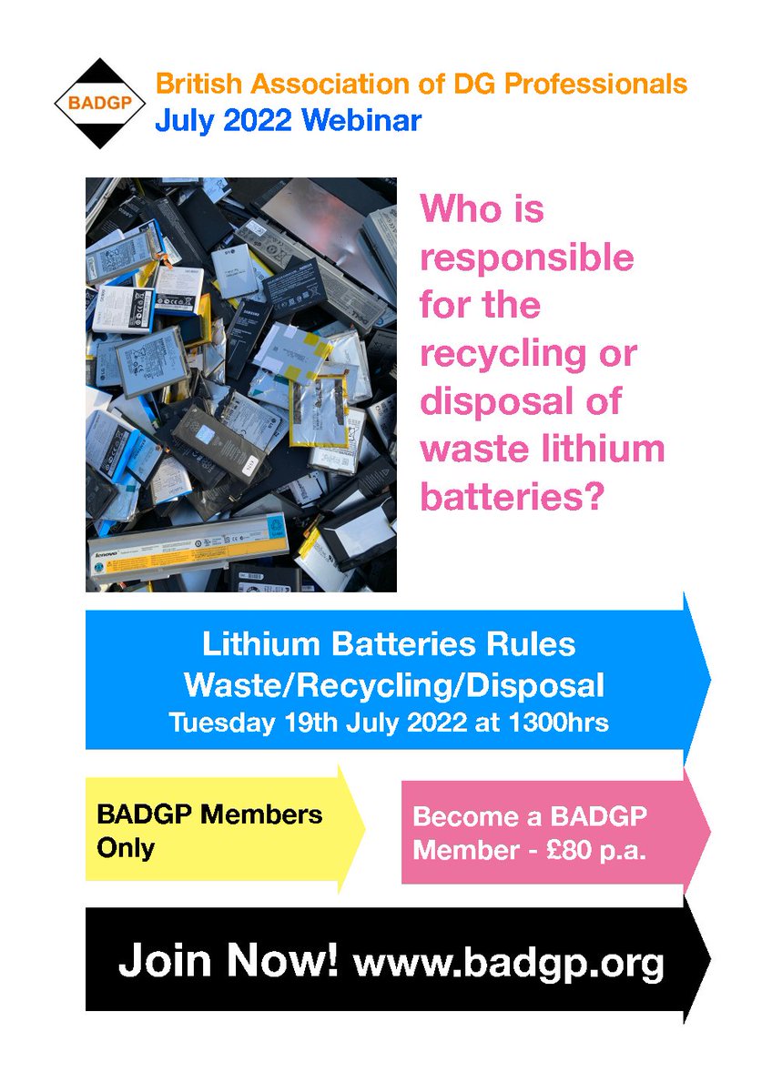 badgp_dgsa's tweet photo. BADGP Webinar: Lithium Batteries Rules - Waste/Recycling/Disposal
1300hrs Tuesday 19th July 2022.
For more information and to register please visit: https://t.co/EcGm3tzTGK
#lithiumbatteries #batteries #dangerousgoods #badgp https://t.co/2wmV7UvvbL