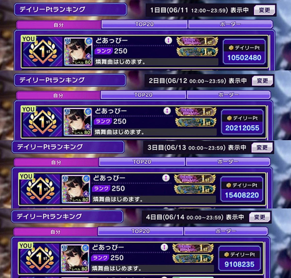 babunJoker's tweet photo. 今宵、特別な時間をあなたへ
イベントPtランキング   
65000000Pt   1位
デイリーPtランキング　
1,2,3,4日目   1位

SPイベントに不安もありましたが、満足いく走りができました。
応援してくれた方々、マッチングしていただいた皆様、特別な時間をありがとうございました。
#グルミク
#D4DJ https://t.co/rBHP0GW2m4