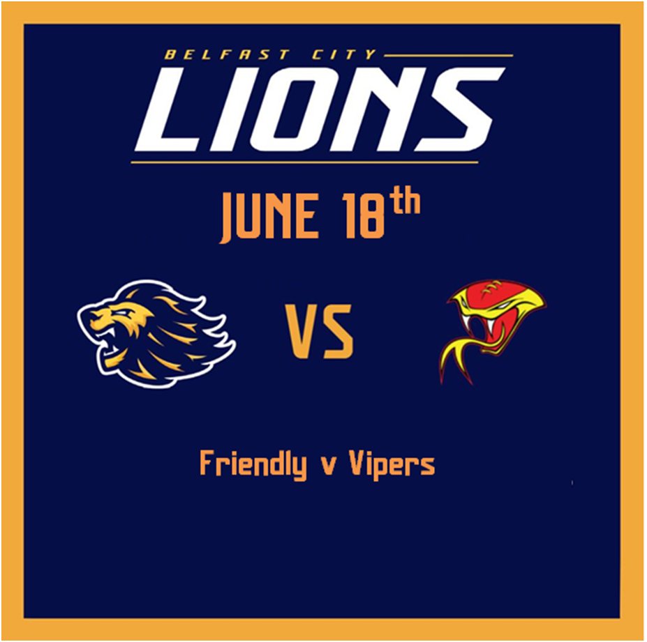 BelfastCLions's tweet photo. The Belfast City Lions are back in action for 2022 with a road friendly against the Donegal/Derry Vipers

Several Lions will be taking the field for the first time; we wish them all the best and hope we get the weather for a great day out 🦁🏈🐍🌞 
#BelfastCLions #FlagFootball https://t.co/mNFc6zerHl