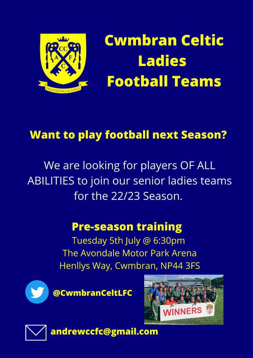 CwmbranCeltLFC's tweet photo. 🎉Season 22/23🎉 

Last season was amazing for our girls &amp; we look forward to the coming season 🥳 
New players, old and new welcome ☺️ #ladiesfootball #cclfc https://t.co/y5oZVAGG4i