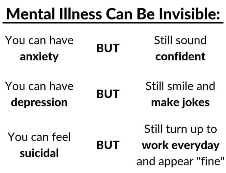 People may expect a person with serious mental illness to look visibly different from others, and they may tell someone who doesn't "look ill" to "get over it" through willpower. If you have a mental health condition, you're not alone.