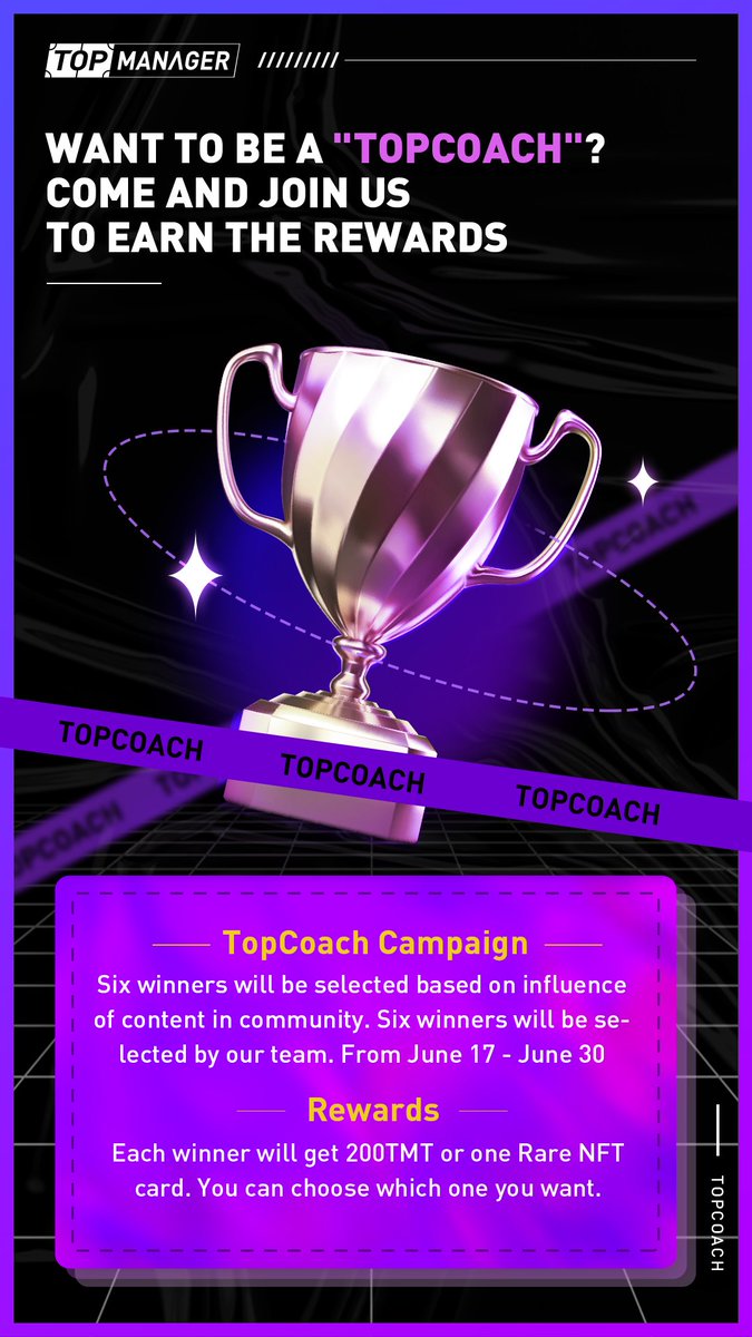 TopGoal_NFT's tweet photo. Who wants to be #TopCoach? Sharing your thoughts or strategies of TopManager and get a chance to earn rewards🎁
To enter:
RT+Like+@ three friends
Add #TopCoach #TopManager #TopGoal in your replay
For more details: https://t.co/SUaafpAU0U Come to join us! https://t.co/vCBvPD8ztt